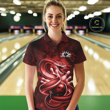 Load image into Gallery viewer, Female model at a bowling alley wearing a bowling polo with red cobra artwork and bowling-themed graphics.