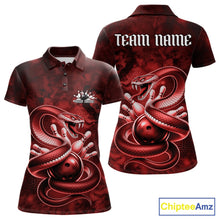 Load image into Gallery viewer, Front and back womens bowling polo featuring a red cobra coiled around a bowling ball with scattered bowling pins.