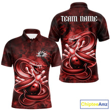 Load image into Gallery viewer, Front and back mens bowling polo featuring a red cobra coiled around a bowling ball with scattered pins in dark fantasy style.