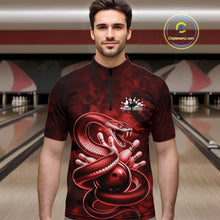 Load image into Gallery viewer, Male model at the bowling lane wearing a quarter-zip decorated with red cobra artwork and bowling-themed graphics.
