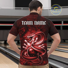 Load image into Gallery viewer, Front view of a mens bowling quarter-zip displaying a red cobra wrapped around a bowling ball with scattered pins.