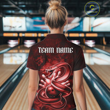 Load image into Gallery viewer, Back view of a womens bowling quarter-zip displaying a red cobra, bowling ball, and scattered pins in dark fantasy styling.