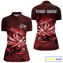 Load image into Gallery viewer, Front and back womens bowling quarter-zip featuring a red cobra coiled around a bowling ball with scattered bowling pins.