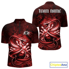 Load image into Gallery viewer, Front and back mens bowling quarter-zip featuring a red cobra coiled around a bowling ball with scattered bowling pins.