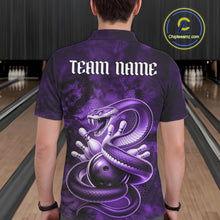Load image into Gallery viewer, Back view of a mens bowling polo showcasing a purple cobra, bowling ball, and scattered pins in dark fantasy styling.