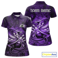 Load image into Gallery viewer, Front and back womens bowling polo featuring a purple cobra coiled around a bowling ball with scattered pins in dark fantasy style.