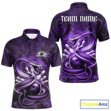 Load image into Gallery viewer, Front and back mens bowling polo featuring a purple cobra coiled around a bowling ball with scattered pins in dark fantasy style.