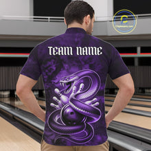 Load image into Gallery viewer, Front view of a mens bowling quarter-zip showcasing a purple cobra, bowling ball, and scattered pin graphics.
