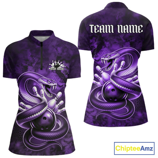 Front and back womens bowling quarter-zip featuring a purple cobra coiled around a bowling ball with scattered pins.