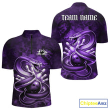 Load image into Gallery viewer, Front and back mens bowling quarter-zip featuring a purple cobra coiled around a bowling ball with scattered pins in dark fantasy style.