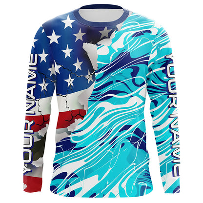 Custom American Flag Blue Camo Long Sleeve Shirts, Patriotic Performance Fishing Shirts IPHW6534