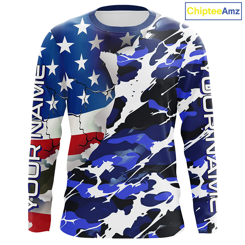 Custom American Flag Blue Camo Long Sleeve Shirts, Patriotic Performance Fishing Shirts IPHW6535