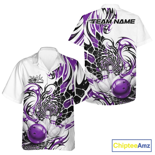 Front and back mockup of a white button-up bowling shirt featuring purple and black tribal patterns, scale-inspired textures, and a red bowling ball striking pins