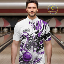 Load image into Gallery viewer, Male model wearing a white bowling quarter-zip shirt with purple and black tribal artwork and a red bowling ball crashing into the pins