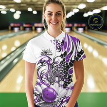 Load image into Gallery viewer, Front view of a female model wearing a white bowling quarter-zip with purple and black tribal patterns and a glossy red bowling action design