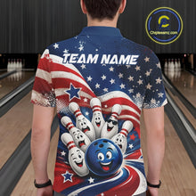 Load image into Gallery viewer, Back view of a male model wearing a bowling polo shirt featuring a funny bowling ball surrounded by cheerful animated pins with flowing American flag waves and scattered stars in a bowling lane.