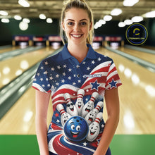 Load image into Gallery viewer, Front view of a female model wearing a bowling polo shirt featuring a funny bowling ball surrounded by cheerful animated pins with flowing American flag waves and scattered stars in a bowling lane.