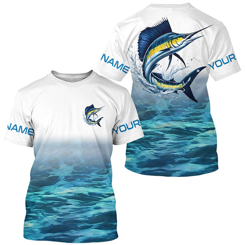 Blue Ocean Background Custom Sailfish Fishing Long Sleeve Shirts, Sailfish Saltwater Fishing Shirt IPHW7025