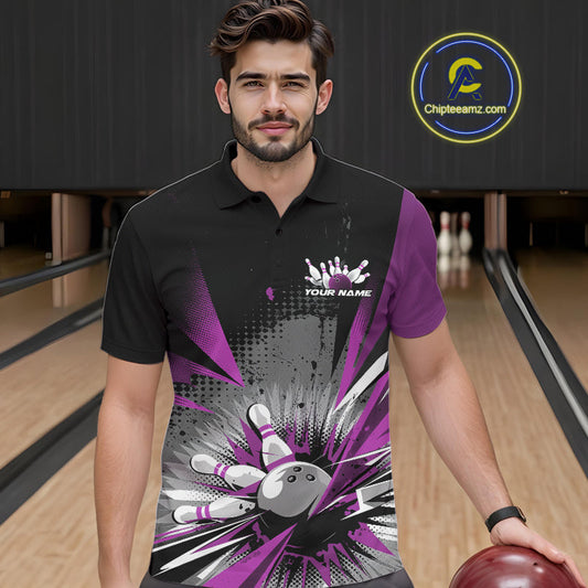 Custom Black And Purple Grunge Bowling Ball And Pins Explosion Team Polo Shirts For Men IPHW9549