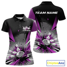 Load image into Gallery viewer, Custom Black And Purple Grunge Bowling Ball And Pins Explosion Team Polo Shirts For Women IPHW9549