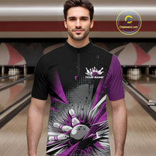 Load image into Gallery viewer, Custom Black And Purple Grunge Bowling Ball And Pins Explosion Team Quarter-Zip Shirts For Men IPHW9549