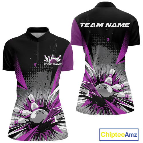 Custom Black And Purple Grunge Bowling Ball And Pins Explosion Women Quarter-Zip Shirt IPHW9549