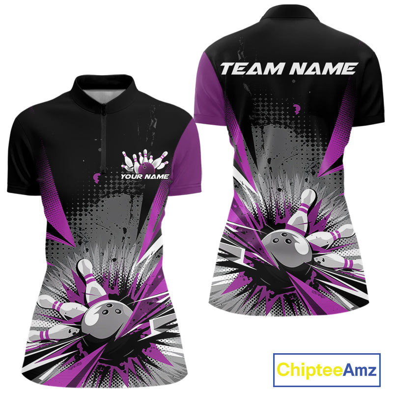 Custom Black And Purple Grunge Bowling Ball And Pins Explosion Women Quarter-Zip Shirt IPHW9549