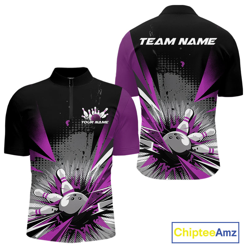 Custom Black And Purple Grunge Bowling Ball And Pins Explosion Team Quarter-Zip Shirts For Men IPHW9549