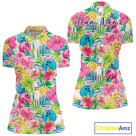 Custom Summer Tropical Flower Bowling Team Women Quarter-Zip Shirt, Floral Bowling Shirt IPHW11689