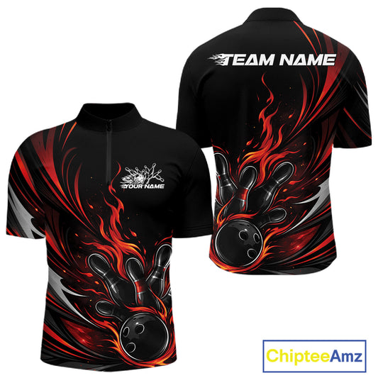 Custom Black And Red Fire Flame Bowling Men Jerseys, Bowling League Quarter-Zip Shirt IPHW10308