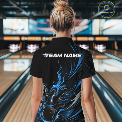 Custom Black And Blue Fire Flame Bowling Women Jerseys, Bowling League Quarter-Zip Shirt IPHW10309