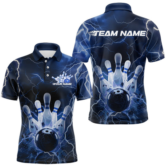 Custom Black And Blue Thunder Lightning Bowling Polo Team Shirts For Men, Bowling Jerseys IPHW8516