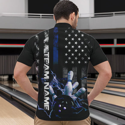 Custom Black And Blue Thin Line American Flag Patriotic US Bowling Team Quarter-Zip Shirts For Men IPHW8518