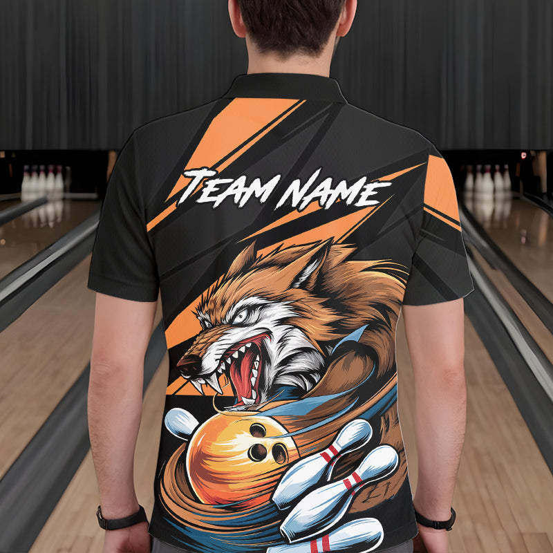 Custom Black And Orange Wolf Bowling Team Polo Shirts For Men, Wolf Bowling Jerseys IPHW8713