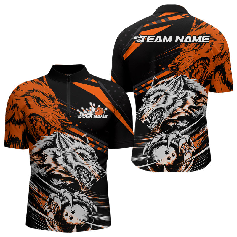 Custom Black And Orange Wolf Bowling Men Quarter-Zip Shirts, Wolf Bowling League Shirt Team Uniform IPHW8715