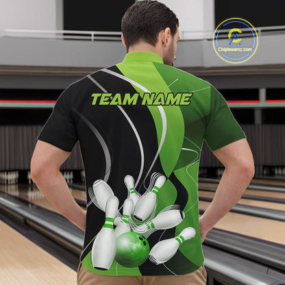Custom Black And Green Bowling Jerseys, Men Bowling Quarter-Zip Shirt Team Uniform IPHW9225