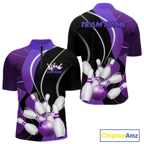 Custom Black And Purple Bowling Jerseys, Men Bowling Quarter-Zip Shirt Team Uniform IPHW9227