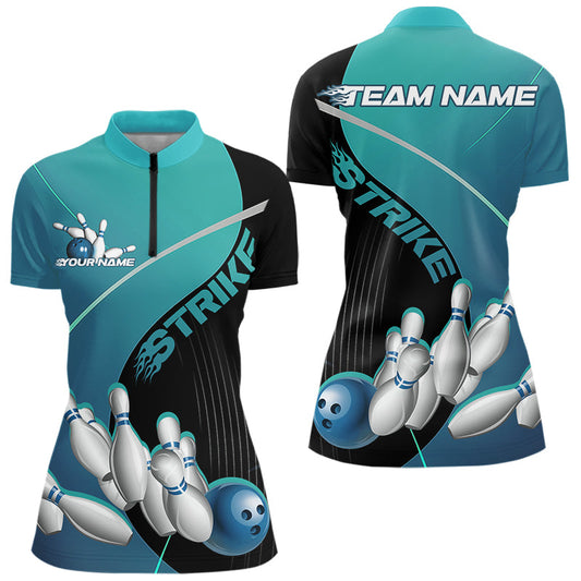 Custom Black And Blue Strike Bowling Quarter-Zip Shirts For Women, Team Bowler Jerseys IPHW9229