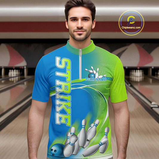 Custom Blue And Green Strike Bowling Quarter-Zip Shirts For Men, Strike Bowling Team Jersey IPHW9234