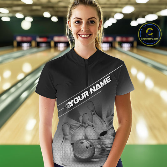 Custom Black And White Bowling Tournament Women Quarter-Zip Shirts, Bowling Team Shirt IPHW9405