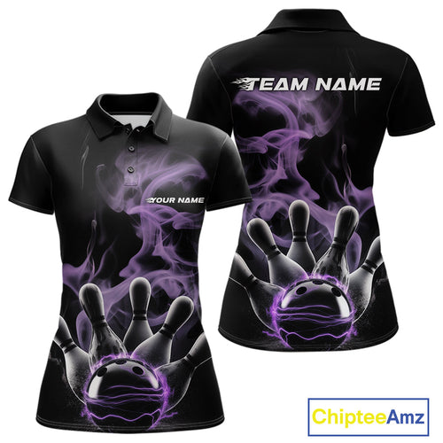 Custom Purple Smoke Bowling Polo Team Shirts For Women, Flame Bowling League Shirt IPHW9563