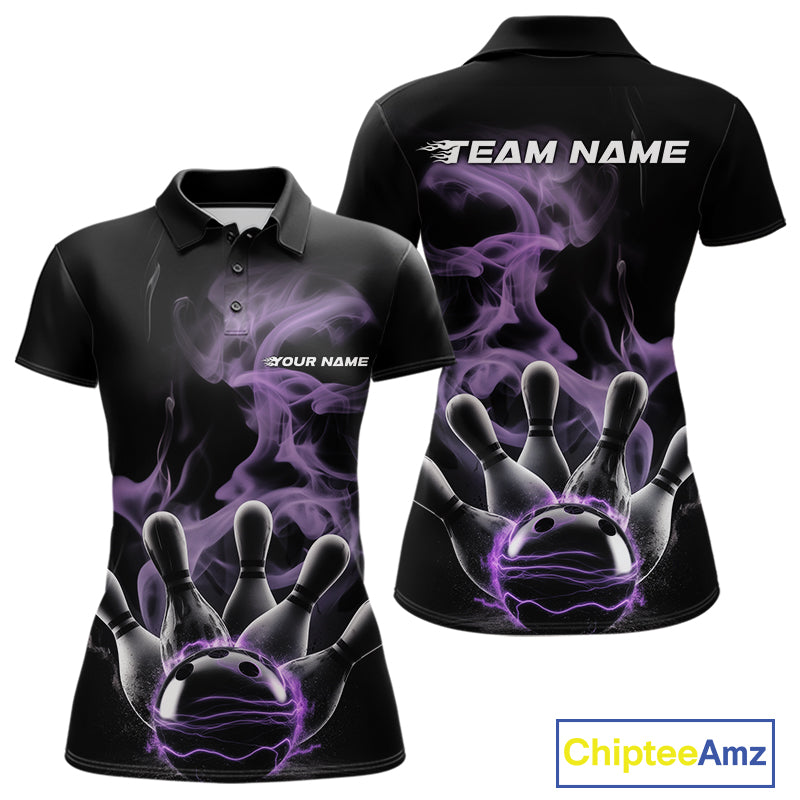 Custom Purple Smoke Bowling Polo Team Shirts For Women, Flame Bowling League Shirt IPHW9563