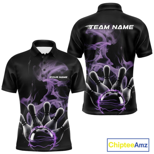 Custom Purple Smoke Bowling Polo Team Shirts For Men, Flame Bowling League Shirt IPHW9563