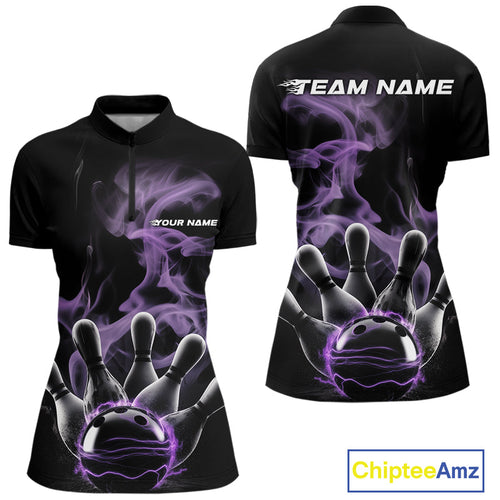 Custom Purple Smoke Bowling Quarter-Zip Team Shirts For Women, Flame Bowling League Shirt IPHW9563