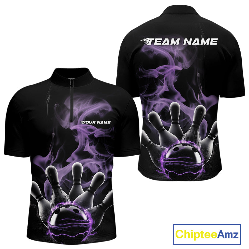 Custom Purple Smoke Bowling Quarter-Zip Team Shirts For Men, Flame Bowling League Shirt IPHW9563