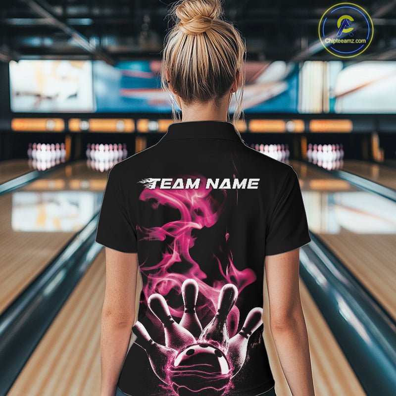 Custom Pink Smoke Bowling Quarter-Zip Team Shirts For Women, Flame Bowling League Shirt IPHW9564