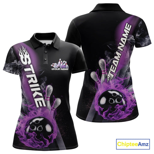 Custom Purple Flame Strike Bowling Team Polo Shirts For Women, Fire Bowling Jerseys IPHW9571