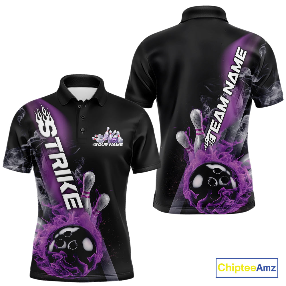 Custom Purple Flame Strike Bowling Team Polo Shirts For Men, Fire Bowling Jerseys IPHW9571