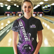 Load image into Gallery viewer, Custom Purple Flame Strike Bowling Team Women Quarter-Zip Shirt, Fire Bowling Jerseys IPHW9571