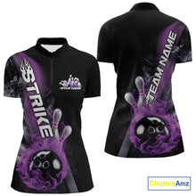 Load image into Gallery viewer, Custom Purple Flame Strike Bowling Team Women Quarter-Zip Shirt, Fire Bowling Jerseys IPHW9571